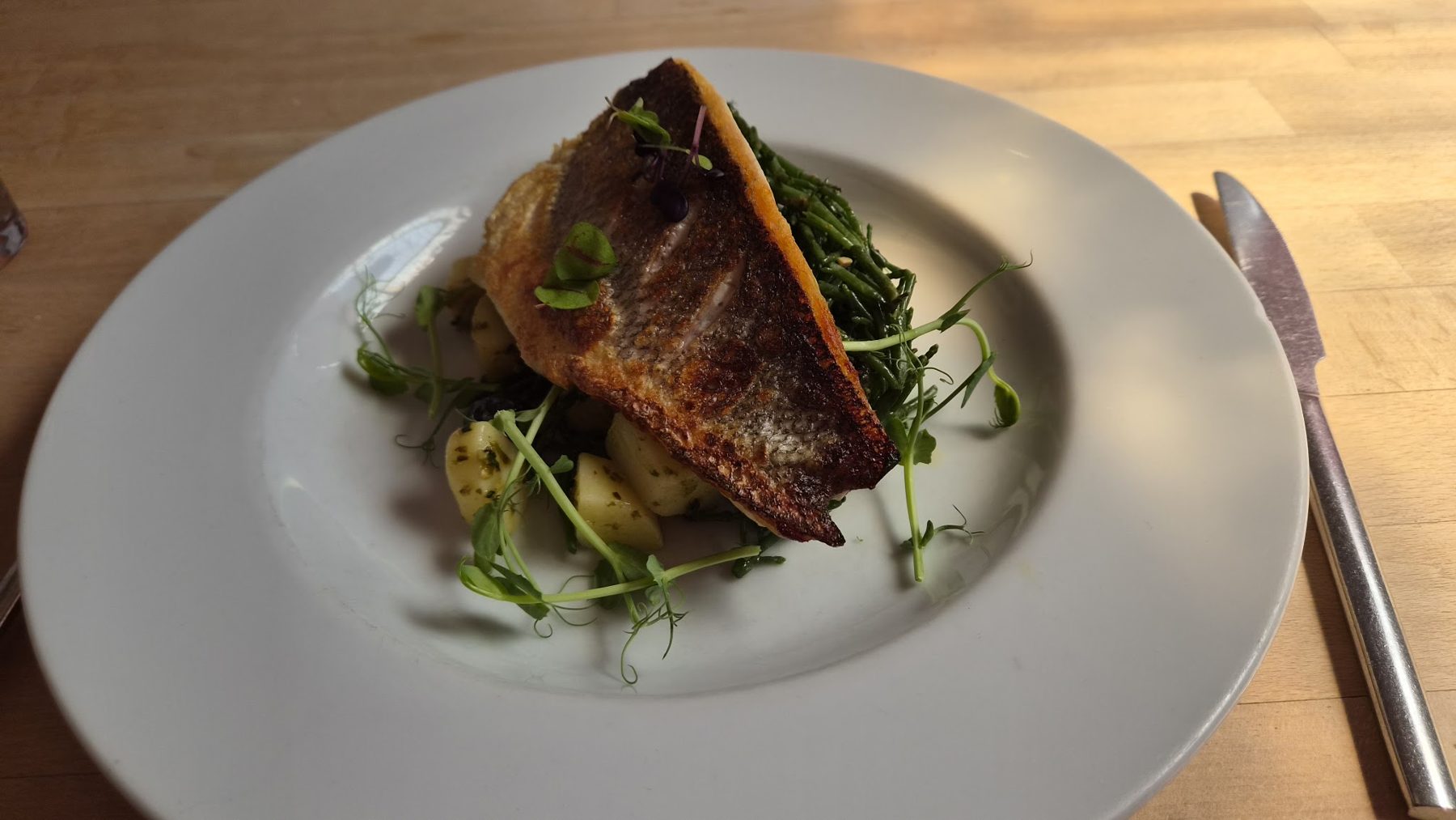 Fillet of sea bass on a bed of salad and samphire